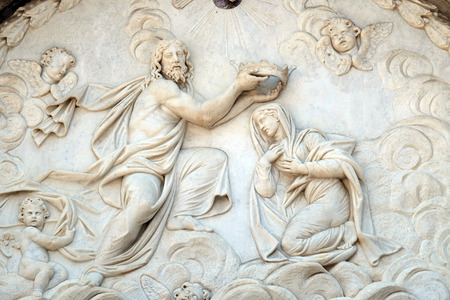 Coronation of the Virgin Mary, portal of Santa Maria Forisportam church in Lucca, Tuscany, Italy