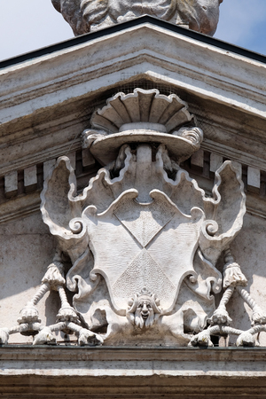 Coat of Arms on facade of the Mantua Cathedral dedicated to Saint Peter, Mantua, Italyの写真素材