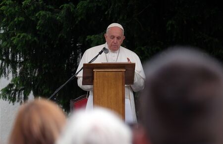 Pope Francis meeting with young people in front of the cathedral in Skopje the capital city of North Macedoniaのeditorial素材
