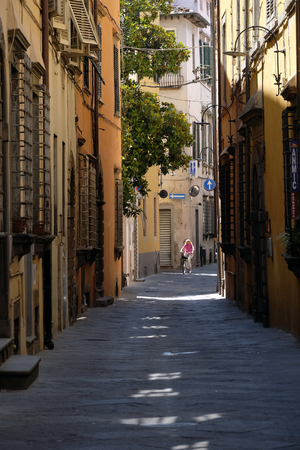 Street in medieval Italian town, Lucca, Tuscany, Italyのeditorial素材
