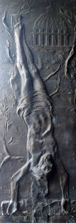 Saint Peter crucified upside down, door of the Saint Peter Catholic Cathedral in Bar, Montenegroのeditorial素材