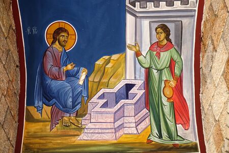 Jesus and the Samaritan woman, fresco in the Church of Saint Paraskeva of the Balkans near Saint Naum Monastery, Ohrid in Macedoniaのeditorial素材