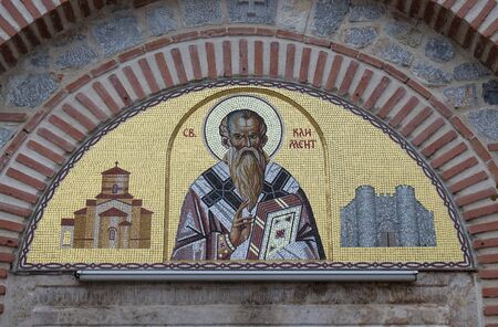 St. Clement, mosaic over the entrance of the St. Clement and Saint Panteleimon church in Ohrid, Macedoniaのeditorial素材