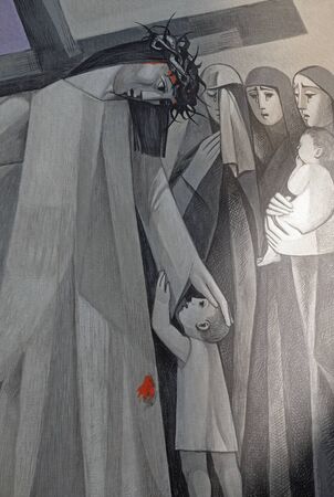 8th Stations of the Cross, Jesus meets the daughters of Jerusalem, Church of the Holy Trinity in Gemunden am Main, Bavaria, Germanyのeditorial素材