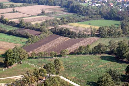 Aerial view of meadows and fields in summertime, Zdencina, Croatia