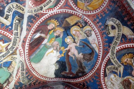 Adoration of the Magi, fresco in the cloister, Cathedral of Santa Maria Assunta i San Cassiano in Bressanone, Italyのeditorial素材