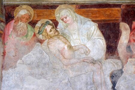 Our Lady of Sorrows, fresco in the cloister, Cathedral of Santa Maria Assunta i San Cassiano in Bressanone, Italyのeditorial素材