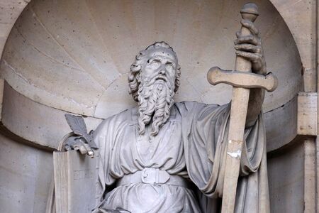Saint Paul the Apostle, statue on the portal of the Saint Sulpice Church, Paris, France