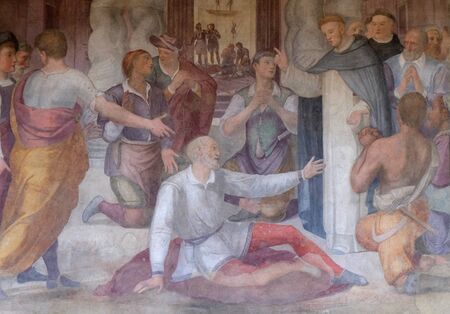 San Dominic resurrects a bricklayer, fresco by Benedetto Veli in the cloister of Santa Maria Novella...