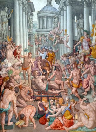 Martyrdom of Saint Lawrence, 1569, fresco by Agnolo Bronzino in the Basilica di San Lorenzo in Florence, Italyのeditorial素材