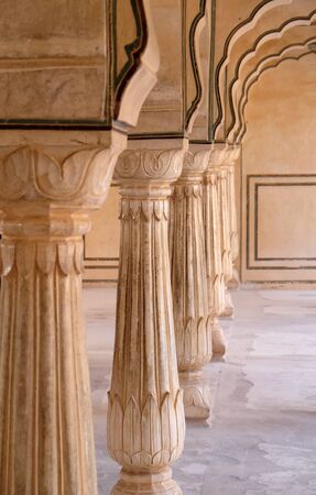 White marble hall of Sattais Katcheri at Amber Fort in Jaipur, Rajasthan, Indiaの写真素材