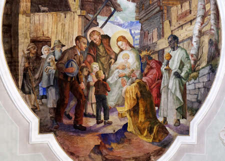 Nativity Scene, Adoration of the Magi, ceiling fresco i the Saint George church in Luson, Italyのeditorial素材