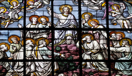 Jesus in glory and the apostles by Edouard Amedee Didron, stained glass window in Saint Thomas Aquinas in Paris, Franceのeditorial素材