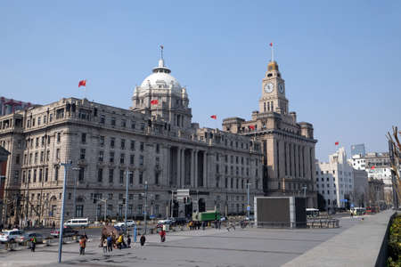 Old buildings and street view in Waitan of Shanghai, Chinaのeditorial素材