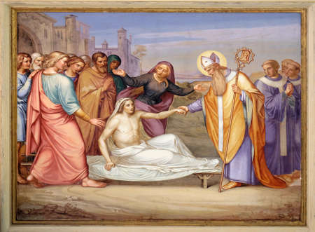 Saint Martin of Tours resurrect a young man, fresco in the Saint Martin church in Unteressendorf,...