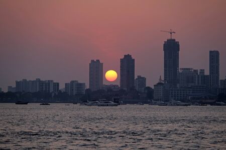 Mumbai downtown sunset cityscape, Indiaの写真素材