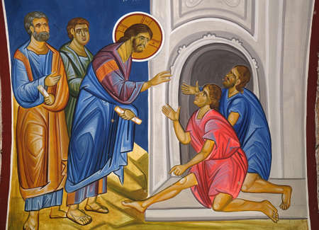 Christ healing the paralytic, fresco in the Church of Saint Paraskeva of the Balkans near Saint Naum Monastery, Ohrid in Macedoniaのeditorial素材