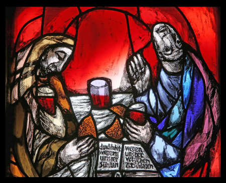 Easter morning, detail of stained glass window by Sieger Koder in St. James church in Hohenberg, Germanyのeditorial素材