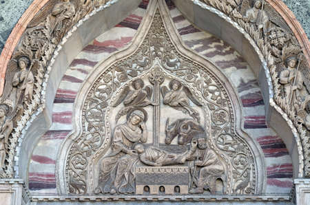 Nativity Scene, Upper part of the Porta dei Fiori, located on the north side of St. Mark's Basilica,...