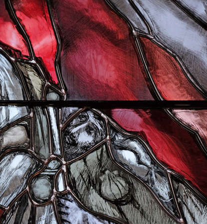 God bears the guilt of all mankind, takes hold of sinners and saves them from death, detail of stained glass window by Sieger Koder in St. John church in Piflas, Germanyのeditorial素材