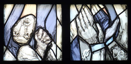 History of salvation - detail, stained glass window by Sieger Koder in church of Saint Bartholomew in Leutershausen, Germanyのeditorial素材