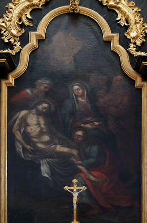 Deposition Christ from the Cross, altarpiece in the Church of Saint Bartholomew in Leutershausen, Germanyのeditorial素材