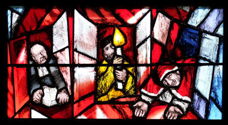 God cares for His own and strengthens them in their life path, detail of stained glass window by Sieger Koder in St. John church in Piflas, Germanyのeditorial素材