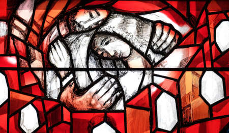 God cares for His own and strengthens them in their life path, detail of stained glass window by...