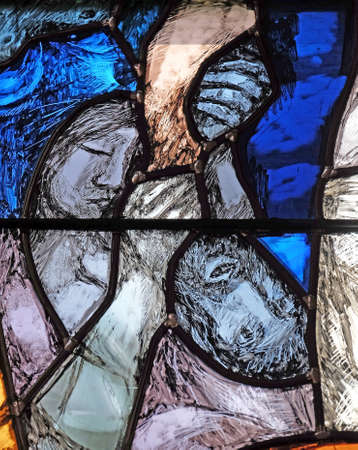 Godâs promise gives men courage and hope in the path of their lives and salvation, detail of stained glass window by Sieger Koder in St. John church in Piflas, Germanyのeditorial素材