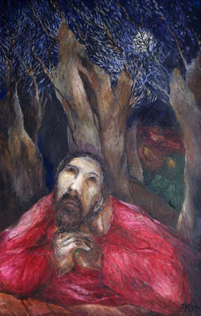 Jesus praying on the Mount of Olives by Sieger Koder, detail of altar in Chapel in Oberstaufen, Germanyのeditorial素材