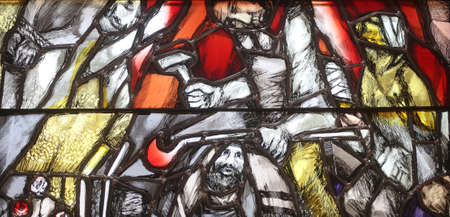 God bears the guilt of all mankind, takes hold of sinners and saves them from death, detail of stained glass window by Sieger Koder in St. John church in Piflas, Germanyのeditorial素材