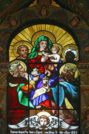 Adoration of the Magi, stained glass on the main altar to the Church of the Holy Three Kings in Kraljev Vrh, Croatiaのeditorial素材
