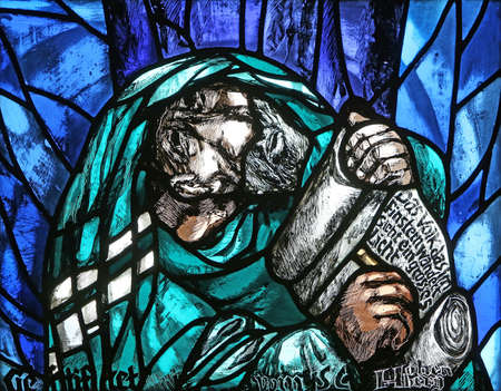 The prophet Isaiah, detail of stained glass window by Sieger Koder in St. James church in Hohenberg, Germanyのeditorial素材