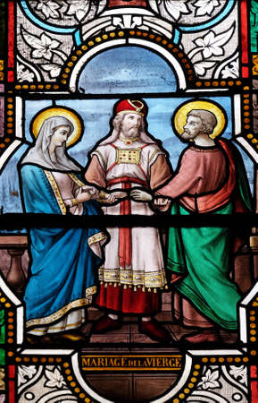 Wedding of the Virgin Mary, stained glass windows in the Saint Nicholas des Champs Church, Paris, Franceのeditorial素材