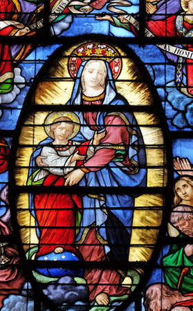 Our Lady Refuge of Sinners, stained glass window in the Basilica of Notre Dame des Victoires in Paris, Franceのeditorial素材