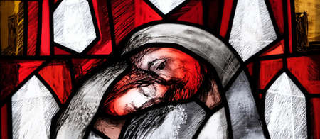 Stained glass window by Sieger Koder in Chapel at cemetery in Ursberg, Germanyのeditorial素材