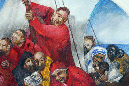 Saints Clement, Cyril, Methodius, Pope John XXIII, Theresa of Calcutta, detail of fresco St. Clement in Peter's boat by Sieger Koder at Church of St. Clement in Primisweiler, Germanyのeditorial素材