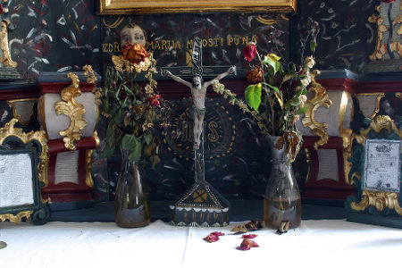 Crucifix on Our Lady's altar in the chapel of St. Anthony of Padua in Grabrovec, Zabok, Croatiaのeditorial素材