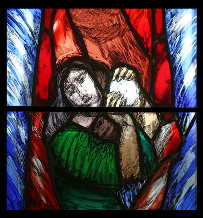 Miriam, Crossing the Red Sea, detail of stained glass window by Sieger Koder in Saint James church in Sontbergen, Germanyのeditorial素材