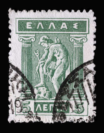 Stamp printed in Greece shows Litho Hermes and Iris, circa 1912のeditorial素材