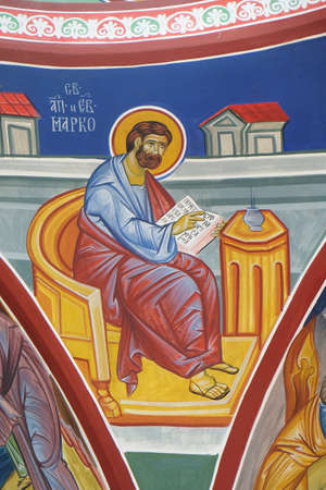 Saint Mark the Evangelist, fresco in the Church of Saint Paraskeva of the Balkans near Saint Naum Monastery, Ohrid in Macedoniaのeditorial素材