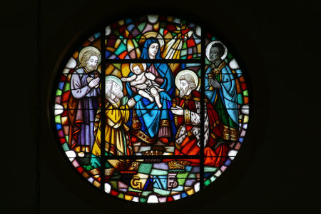 Adoration of the Magi stained glass window in the parish church of St. Michael the Archangel in Mihovljan, Croatiaのeditorial素材