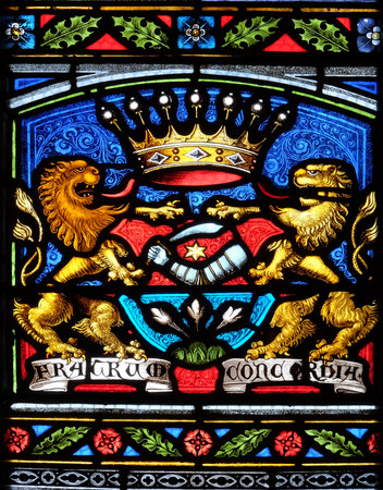 Stained glass window in parish church of Saint Mark in Zagreb, Croatiaの写真素材