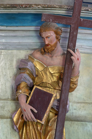 Jesus with a Cross statue at the pulpit in the Church of Our Lady of Jerusalem at Trski Vrh in Krapina, Croatiaの写真素材