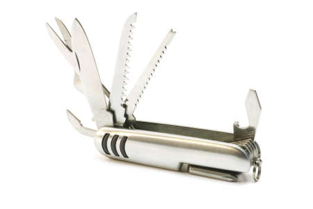 Open folding knife on a white background 