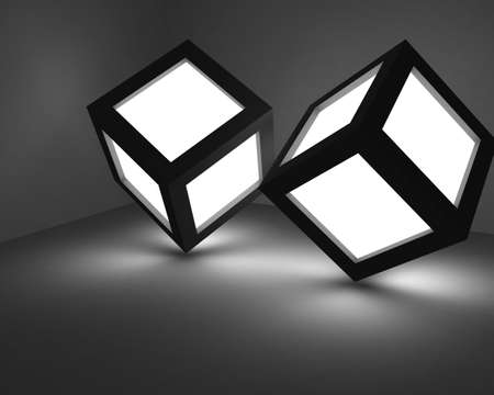 Two cubes stand at the tops, at them squares on the sides shine.の写真素材