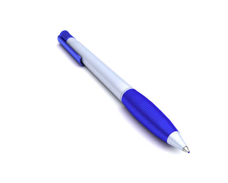 Blue ballpoint pen on a white background.の写真素材