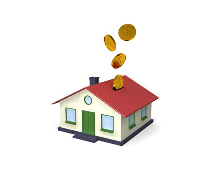 Putting your money where it counts with home investments. A simple 3D house coin bank with coins falling into it from above. Isolated on White.の写真素材
