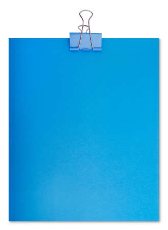 Large paper clip and sheet of a blue paper isolated on a white background
