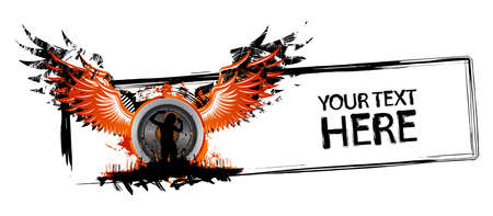 Grunge frame with speaker, dancing girl, wings and copy spaceのイラスト素材